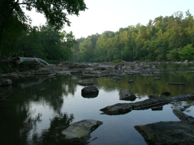 a photo of the Haw River with rocks in the foreground and trees in the background taken from SFNA camping area