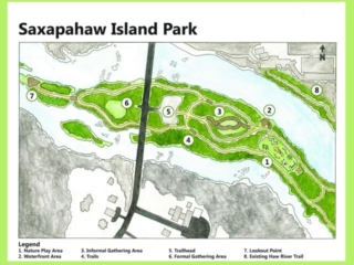 The Saxapahaw Island Park Plan as a watercolor drawing. The park is slated to open in Spring 2017 and will feature a loop trail, a boardwalk area, an open gathering area, a waterfront area, a Nature Play Area, and a lookout point.